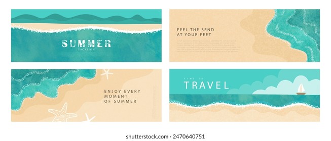 Set of summer horizontal posters. Illustrations of sea, sandy beach,starfish, mountains. Modern flat design with grainy and watercolor texture. Template for brochure design, sales, covers and more