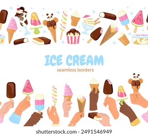 Set of summer ice cream borders. Different skin hands of people holding ice cream Colorful balls or swirls of gelato, popsicle, frozen yogurt vector illustration great for textiles, banners, wallpaper