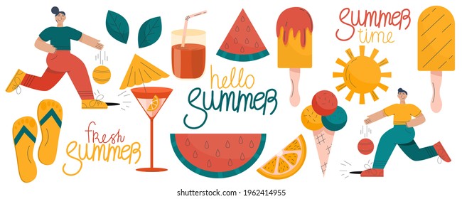 Set of summer, ice cream, cocktails, outdoor activities, ball game, are isolated on white background. Vector illustration flat linear style. Hyperexaggerated people and cute objects in the summer set.