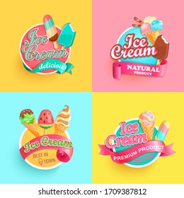 Set of summer ice creams labels. Bright collections for different sundaes in hot season.Gelato for banner,poster,brand,template,packaging,packing,emblem. Advertise for cafe.Vector illustration.