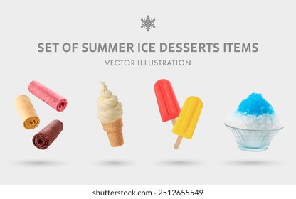 Un conjunto de postres de hielo de verano Artículos de Vector en 3D: manías de hielo, porción suave, paleta, hielo afeitado