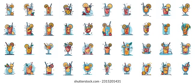 set of summer icon. collection of summer theme color drinks. summer vibe colors. collection of summer scenes. vector illustration.