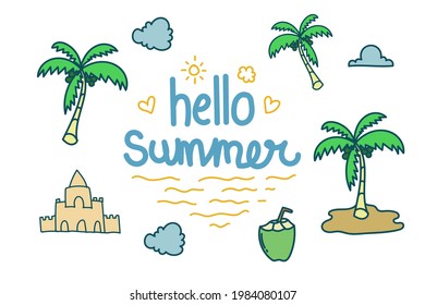 Set of summer icon element doodle hand drawn typography. Summer element drawing style vector illustration 