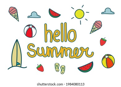 Set of summer icon element doodle hand drawn typography. Summer element drawing style vector illustration 