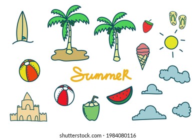 Set of summer icon element doodle hand drawn typography. Summer element drawing style vector illustration 