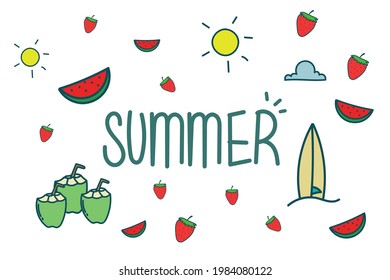 Conjunto de elementos de icono de verano tipografía dibujada a mano de doodle. Ilustración vectorial de estilo de dibujo de elemento de verano 