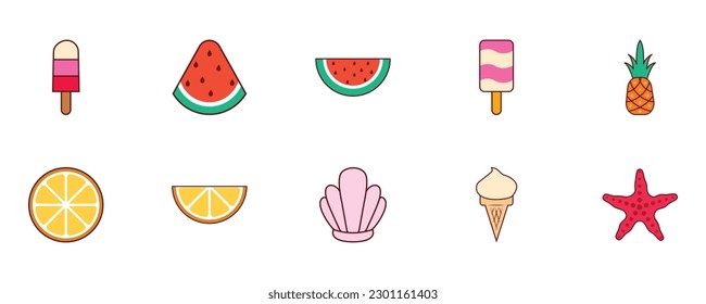 set of summer icon in flat style. ice cream, watermelon, pineapple, orange, shell, and starfish.
