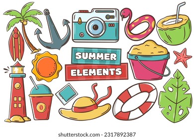 Set of summer icon hand drawn illustration. Summer doodles vector elements. Summer sticker design