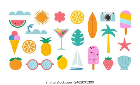 Set of summer icon. Minimalist geometric style. Holiday beach elements for tropical vacation. Boat, surfboard, pineapple, cocktail, seashell, photo camera, sunglasses. Vector flat illustration.