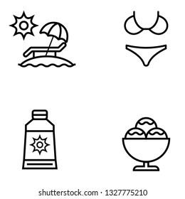 Set of Summer icon. umbrella on island, swimwear, sunblock, ice cream cup. 