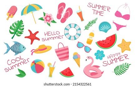 Set of summer icons with beach elements. Vector illustration.