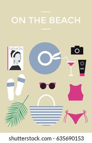 Set of summer icons. Beach icons. Elements of resort and summer vacation. On the beach. Flat vector, fashion, modern. Summer illustration. 