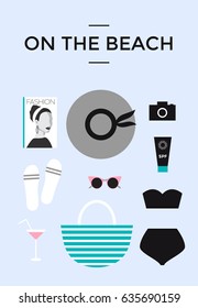 Set of summer icons. Beach icons. Elements of resort and summer vacation. On the beach. Flat vector, fashion, modern. Summer illustration.