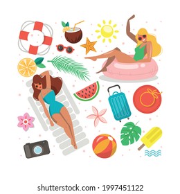 Conjunto de iconos de verano. El verano está decorado con elementos de playa.Elementos planos de verano dibujados a mano. Hermosas chicas con traje de baño y gafas de sol con elementos de playa.Ilustración vectorial