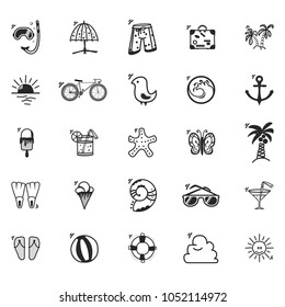 A set of summer icons, in a cartoon style doodle, completely handmade.