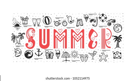A set of summer icons, in a cartoon style doodle, completely handmade.