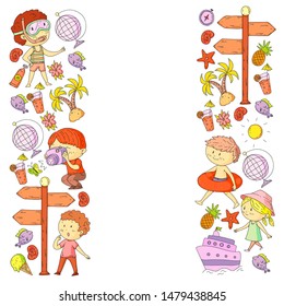 Set of summer icons with children. Kids swim with swimming mask and flippers, inflatable ring, sunbathe on the beach, take photos.