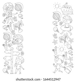 Set of summer icons with children. Kids swim with swimming mask and flippers, inflatable ring, sunbathe on the beach, take photos.