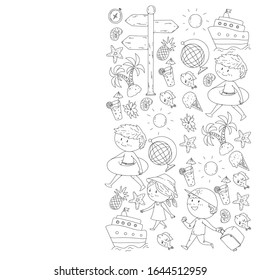 Set of summer icons with children. Kids swim with swimming mask and flippers, inflatable ring, sunbathe on the beach, take photos.