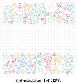 Set of summer icons with children. Kids swim with swimming mask and flippers, inflatable ring, sunbathe on the beach, take photos.