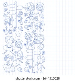 Set of summer icons with children. Kids swim with swimming mask and flippers, inflatable ring, sunbathe on the beach, take photos.
