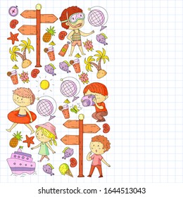 Set of summer icons with children. Kids swim with swimming mask and flippers, inflatable ring, sunbathe on the beach, take photos.