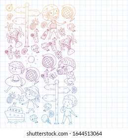 Set of summer icons with children. Kids swim with swimming mask and flippers, inflatable ring, sunbathe on the beach, take photos.