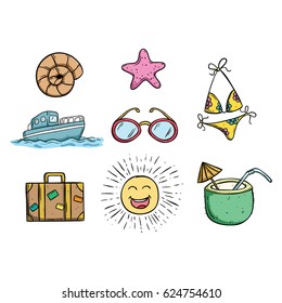 set of summer icons with coconut drink, bikini, boat and starfish