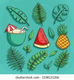 Set of summer icons collection with colored doodle or hand drawn style