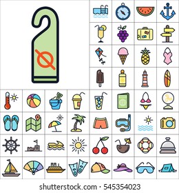 Set of Summer Icons. Contains such Icons as Sun, Umbrella, Ananas, Ice-Cream, Case, Life Buoy, Coconout, Compass, Ship, Sunglasses and more. Editable Vector. Pixel Perfect.