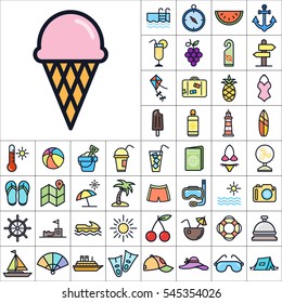 Set of Summer Icons. Contains such Icons as Sun, Umbrella, Ananas, Ice-Cream, Case, Life Buoy, Coconout, Compass, Ship, Sunglasses and more. Editable Vector. Pixel Perfect.