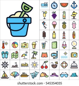 Set of Summer Icons. Contains such Icons as Sun, Umbrella, Ananas, Ice-Cream, Case, Life Buoy, Coconout, Compass, Ship, Sunglasses and more. Editable Vector. Pixel Perfect.