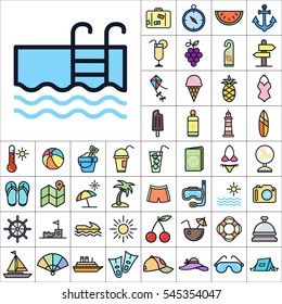Set of Summer Icons. Contains such Icons as Sun, Umbrella, Ananas, Ice-Cream, Case, Life Buoy, Coconout, Compass, Ship, Sunglasses and more. Editable Vector. Pixel Perfect.