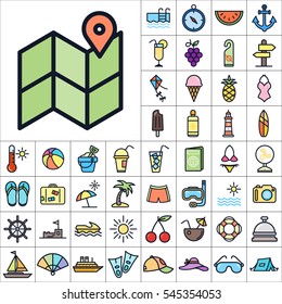 Set of Summer Icons. Contains such Icons as Sun, Umbrella, Ananas, Ice-Cream, Case, Life Buoy, Coconout, Compass, Ship, Sunglasses and more. Editable Vector. Pixel Perfect.