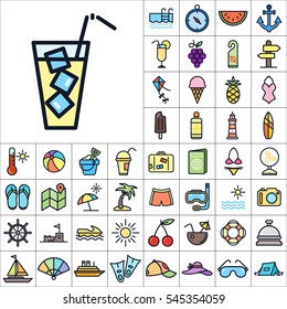Set of Summer Icons. Contains such Icons as Sun, Umbrella, Ananas, Ice-Cream, Case, Life Buoy, Coconout, Compass, Ship, Sunglasses and more. Editable Vector. Pixel Perfect.
