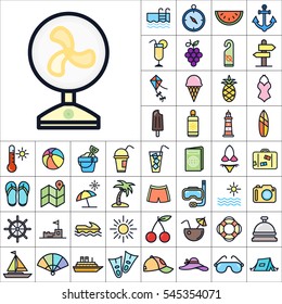 Set of Summer Icons. Contains such Icons as Sun, Umbrella, Ananas, Ice-Cream, Case, Life Buoy, Coconout, Compass, Ship, Sunglasses and more. Editable Vector. Pixel Perfect.