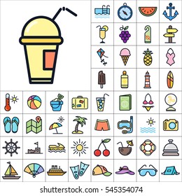Set of Summer Icons. Contains such Icons as Sun, Umbrella, Ananas, Ice-Cream, Case, Life Buoy, Coconout, Compass, Ship, Sunglasses and more. Editable Vector. Pixel Perfect.
