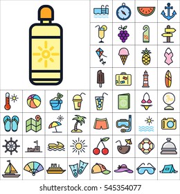Set of Summer Icons. Contains such Icons as Sun, Umbrella, Ananas, Ice-Cream, Case, Life Buoy, Coconout, Compass, Ship, Sunglasses and more. Editable Vector. Pixel Perfect.