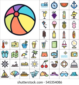 Set of Summer Icons. Contains such Icons as Sun, Umbrella, Ananas, Ice-Cream, Case, Life Buoy, Coconout, Compass, Ship, Sunglasses and more. Editable Vector. Pixel Perfect.