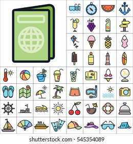 Set of Summer Icons. Contains such Icons as Sun, Umbrella, Ananas, Ice-Cream, Case, Life Buoy, Coconout, Compass, Ship, Sunglasses and more. Editable Vector. Pixel Perfect.