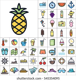 Set of Summer Icons. Contains such Icons as Sun, Umbrella, Ananas, Ice-Cream, Case, Life Buoy, Coconout, Compass, Ship, Sunglasses and more. Editable Vector. Pixel Perfect.