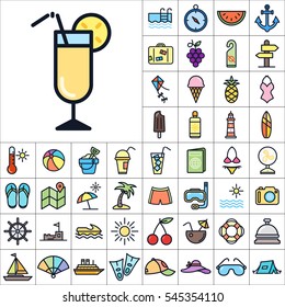 Set of Summer Icons. Contains such Icons as Sun, Umbrella, Ananas, Ice-Cream, Case, Life Buoy, Coconout, Compass, Ship, Sunglasses and more. Editable Vector. Pixel Perfect.