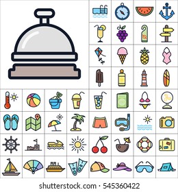 Set of Summer Icons. Contains such Icons as Sun, Umbrella, Ananas, Ice-Cream, Case, Life Buoy, Coconout, Compass, Ship, Sunglasses and more. Editable Vector. Pixel Perfect.