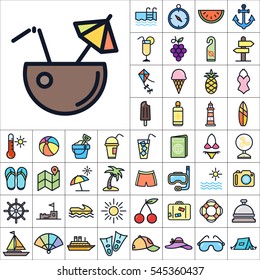 Set of Summer Icons. Contains such Icons as Sun, Umbrella, Ananas, Ice-Cream, Case, Life Buoy, Coconout, Compass, Ship, Sunglasses and more. Editable Vector. Pixel Perfect.