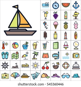 Set of Summer Icons. Contains such Icons as Sun, Umbrella, Ananas, Ice-Cream, Case, Life Buoy, Coconout, Compass, Ship, Sunglasses and more. Editable Vector. Pixel Perfect.