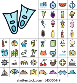 Set of Summer Icons. Contains such Icons as Sun, Umbrella, Ananas, Ice-Cream, Case, Life Buoy, Coconout, Compass, Ship, Sunglasses and more. Editable Vector. Pixel Perfect.