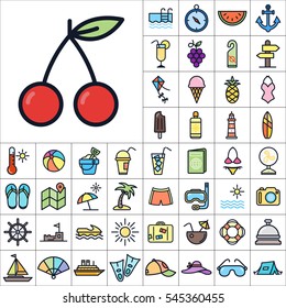Set of Summer Icons. Contains such Icons as Sun, Umbrella, Ananas, Ice-Cream, Case, Life Buoy, Coconout, Compass, Ship, Sunglasses and more. Editable Vector. Pixel Perfect.