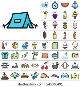 Set of Summer Icons. Contains such Icons as Sun, Umbrella, Ananas, Ice-Cream, Case, Life Buoy, Coconout, Compass, Ship, Sunglasses and more. Editable Vector. Pixel Perfect.