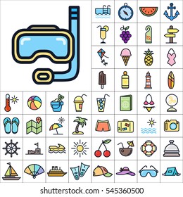Set of Summer Icons. Contains such Icons as Sun, Umbrella, Ananas, Ice-Cream, Case, Life Buoy, Coconout, Compass, Ship, Sunglasses and more. Editable Vector. Pixel Perfect.