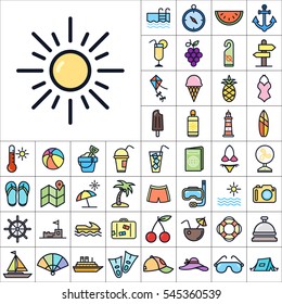 Set of Summer Icons. Contains such Icons as Sun, Umbrella, Ananas, Ice-Cream, Case, Life Buoy, Coconout, Compass, Ship, Sunglasses and more. Editable Vector. Pixel Perfect.
